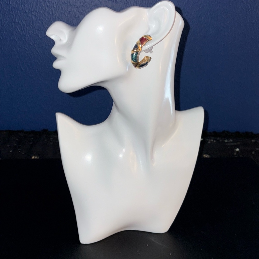 Vintage 80s Enamel Earrings – Maroon, Navy, Green & Gold – Estate Find – EUC